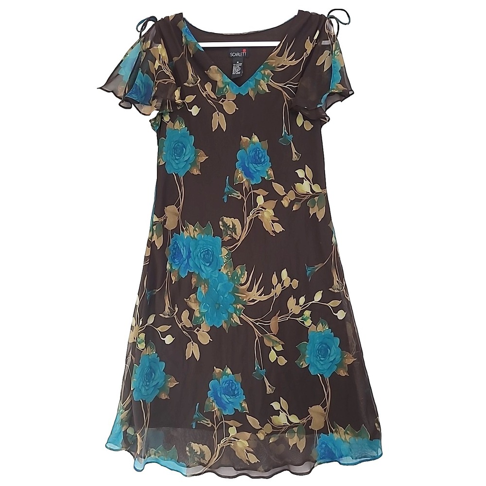 Curvy Fluttery Flowy Dress Vintage S 16 1990s Brown Blue Rose‎ Print By Scarlett
